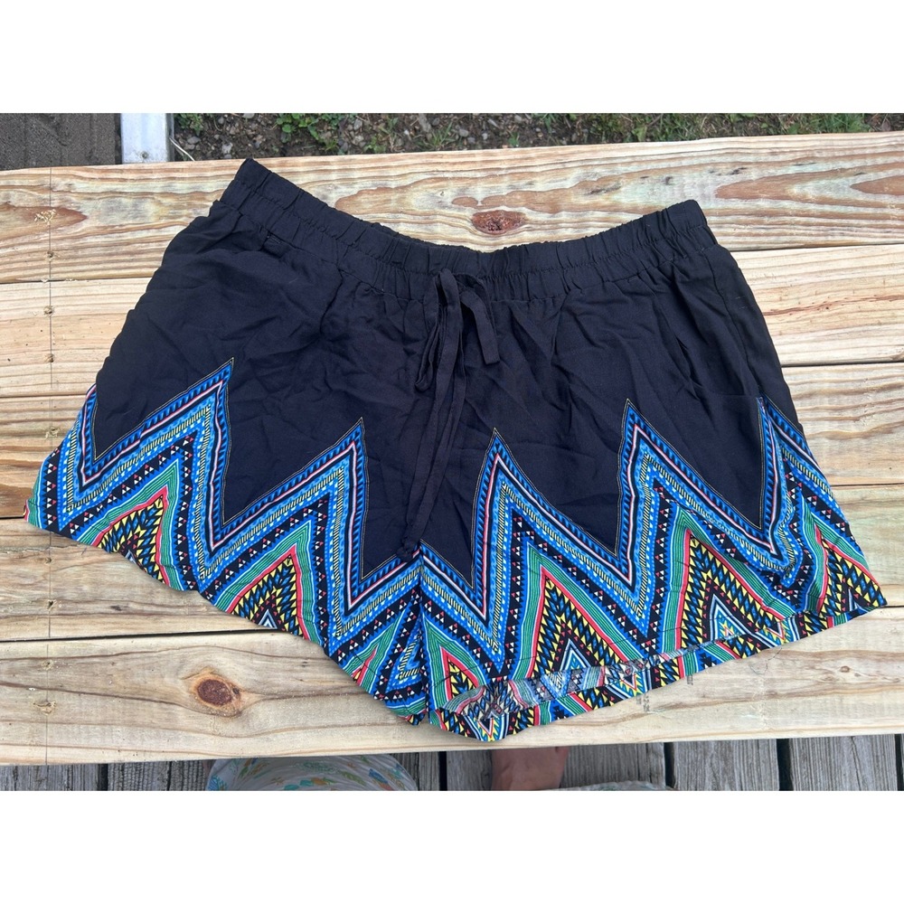 BeBop Womens Large Black Geometric Tribal Print Drawstring Elastic Waist Shorts